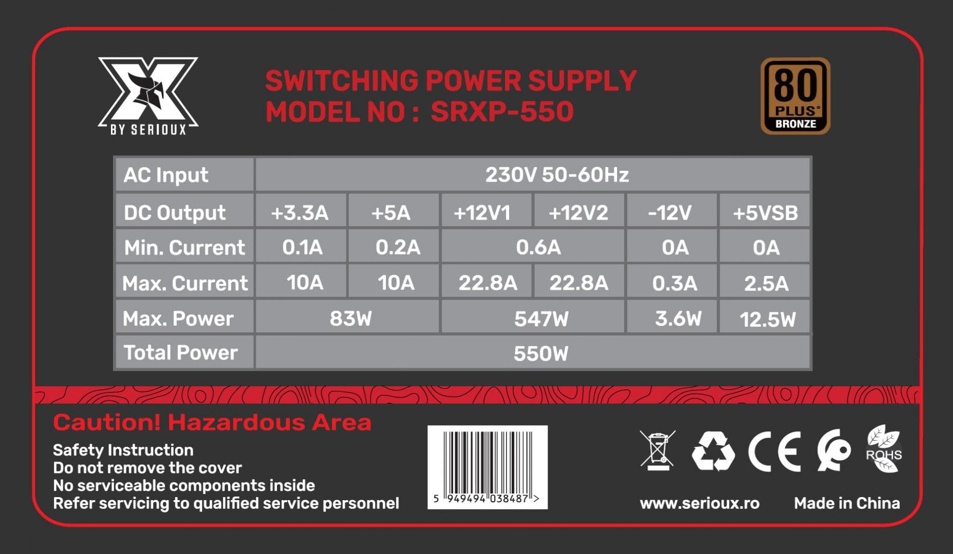 Sursa Serioux Energy 550W, 80+ Bronze, Ventilator 12cm, ATX, material - 2